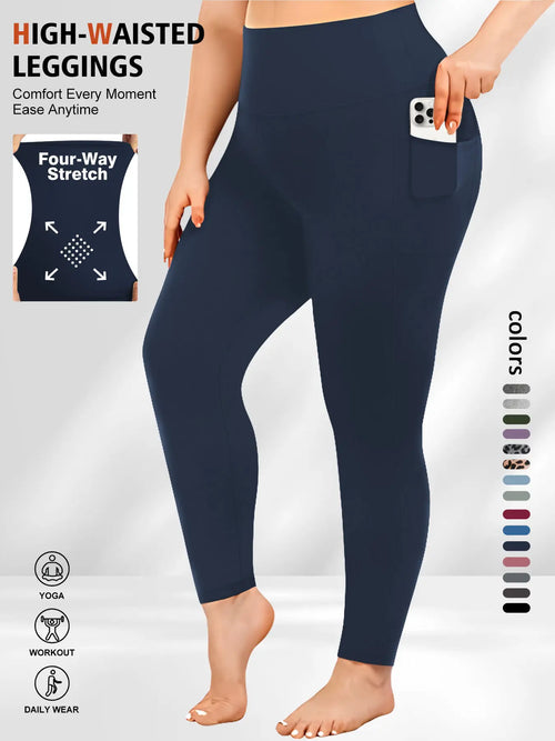 Plus Size Solid High Waist Sports Comfy Gym Workout Leggings with Pocket, Summer Outfits, Casual High Stretch Skinny Pants for Women, Soft Comfortable Women's Bottoms for All Seasons, Stretchy Workout Leggings - Color: Navy Blue, Size: 0XL