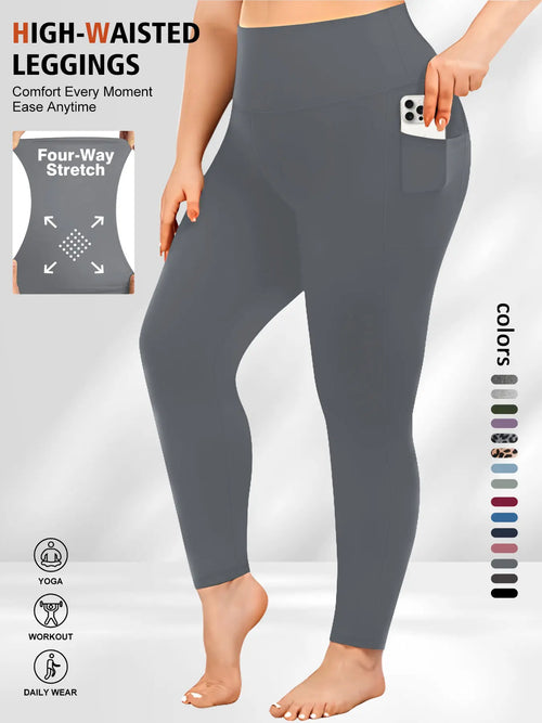 Plus Size Solid High Waist Sports Comfy Gym Workout Leggings with Pocket, Summer Outfits, Casual High Stretch Skinny Pants for Women, Soft Comfortable Women's Bottoms for All Seasons, Stretchy Workout Leggings - Color: Dark Gray, Size: 0XL